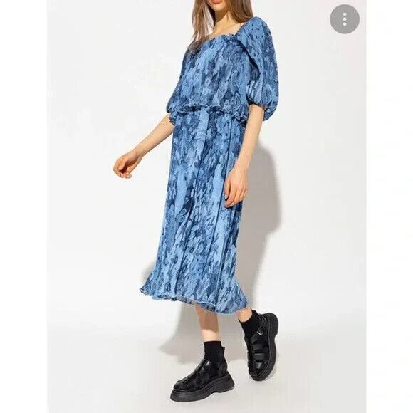 NWT Ganni Georgette Blue Tiered Midi Dress Size 36 US 4 Blue #1E452 - Picture 3 of 11